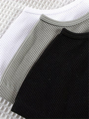 3pcs Solid Ribbed Lounge Tops Crew Neck Tank Top