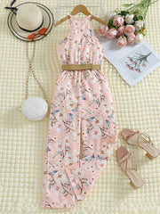 Girls Sleeveless Flowers Halter Neck Rompers Jumpsuits for Beach Vacation