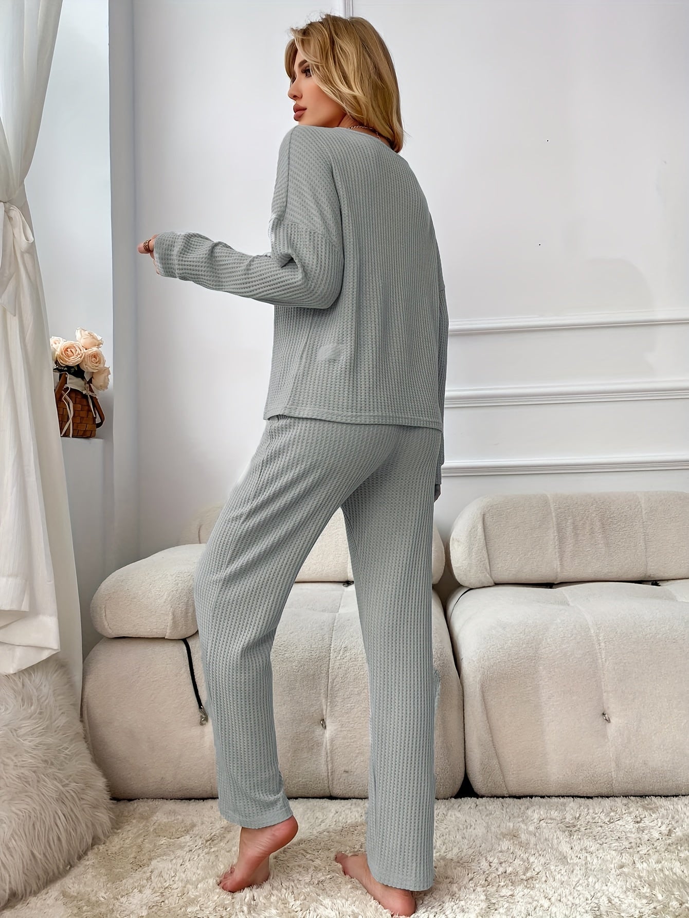 Solid Waffle Lounge Set Long Sleeve Top & Pants Women's Loungewear