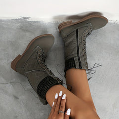 Women's Quilted Mid Calf Boots Lace Up & Side Zipper Round Toe Shoes