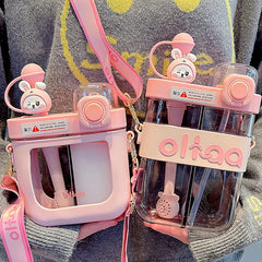 Double Straw Cups 800ML Leak Proof Drinking Bottles with Shoulder Strap