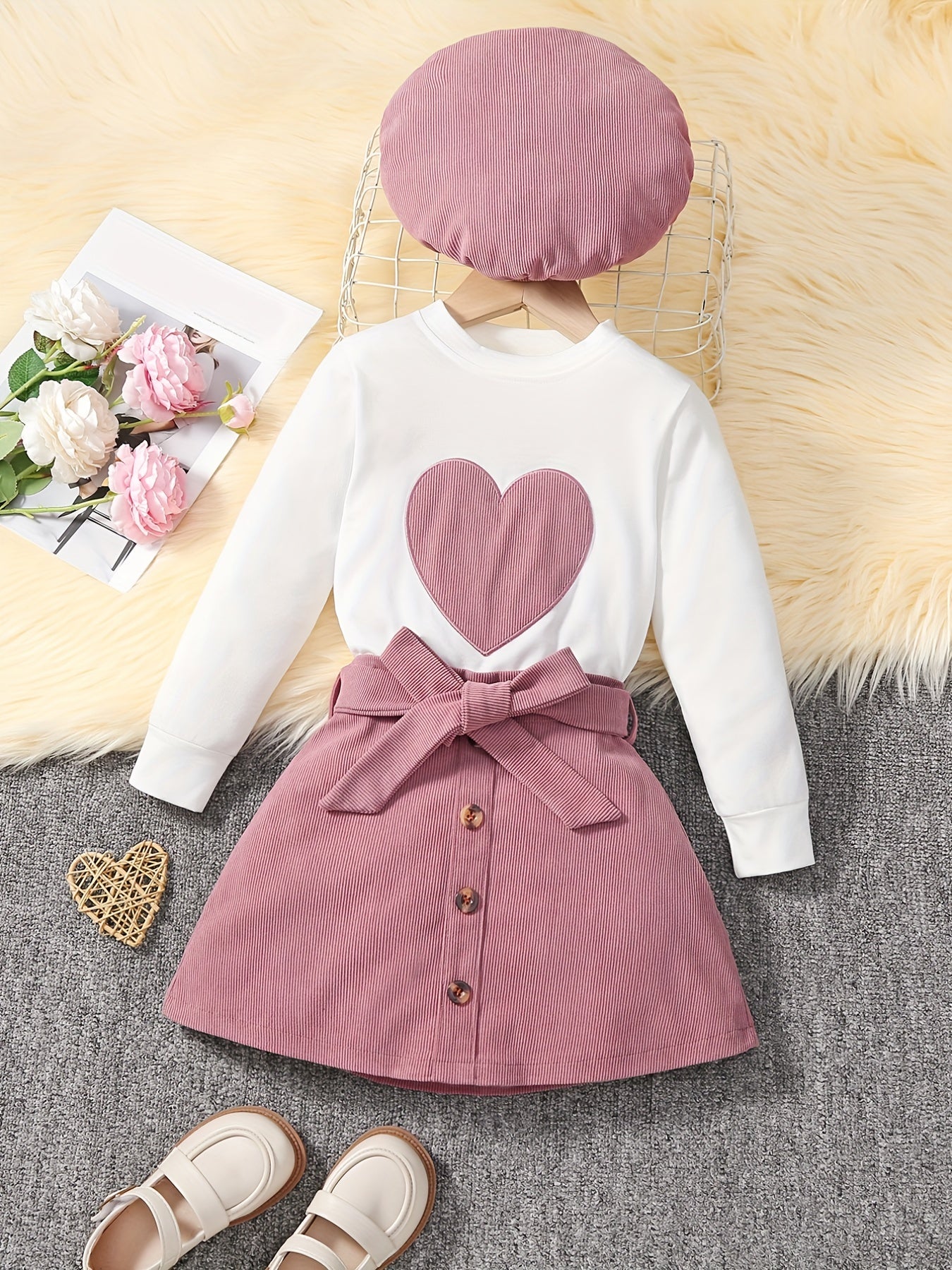 Girl's 3pcs Long Sleeve Top & Beret Hat & Belted Corduroy Skirt Set