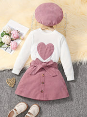 Girl's 3pcs Long Sleeve Top & Beret Hat & Belted Corduroy Skirt Set