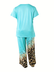 Plus Cross Letter & Leopard Print Short Sleeve Tee & Pants Lounge Set