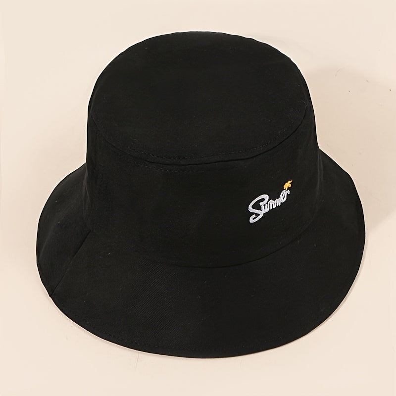 Solid Bucket Hat Flower Embroidery Basin Hat Outdoor Fisherman Cap