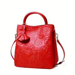Red Floral Leather Crossbody Bag for Women