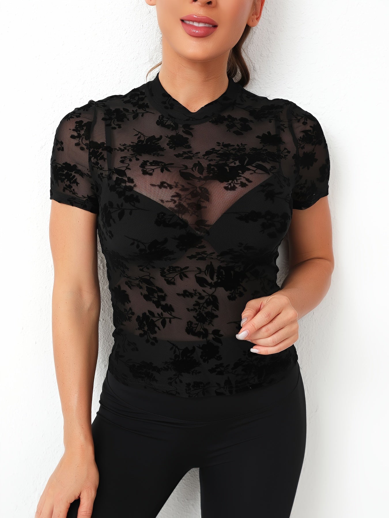 Flower Mesh Round Neck Sports T shirt Breathable Bodycon Short Sleeve Top