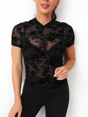 Flower Mesh Round Neck Sports T shirt Breathable Bodycon Short Sleeve Top