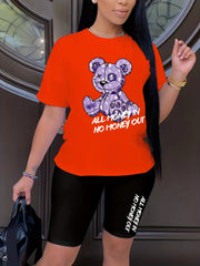 Bear & Letter Print Matching Two piece Set Short Sleeve T shirt & Skinny Shorts