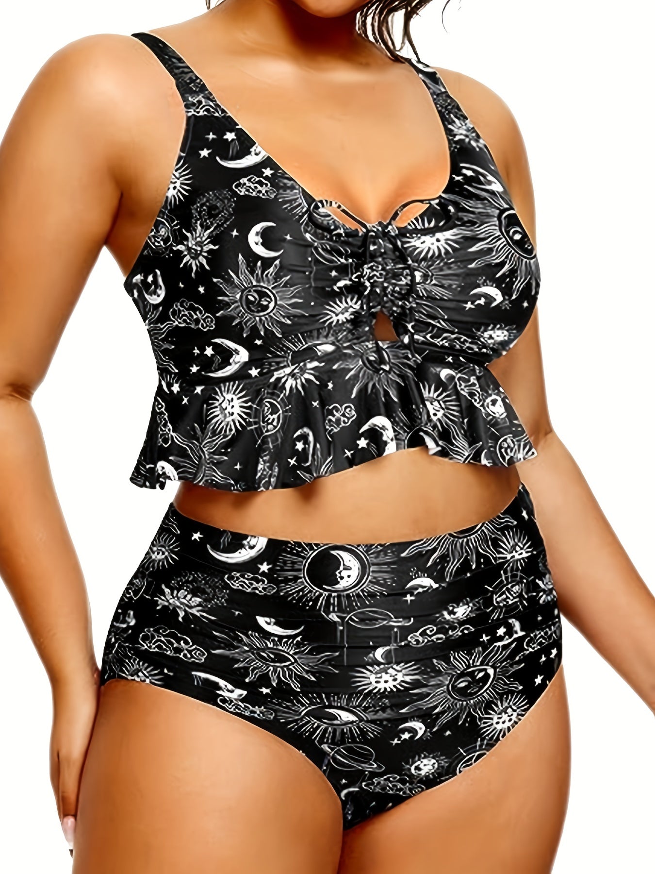 Boho Bikini Set Sun & Moon Print Lace Ruffle Trim Two Piece Swimsuit