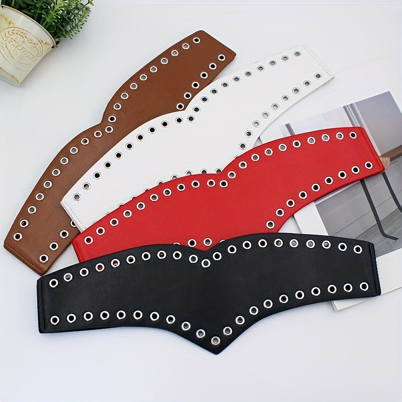 Women Wide Stretch Belt PU Leather Metal Hollow Corset Belt