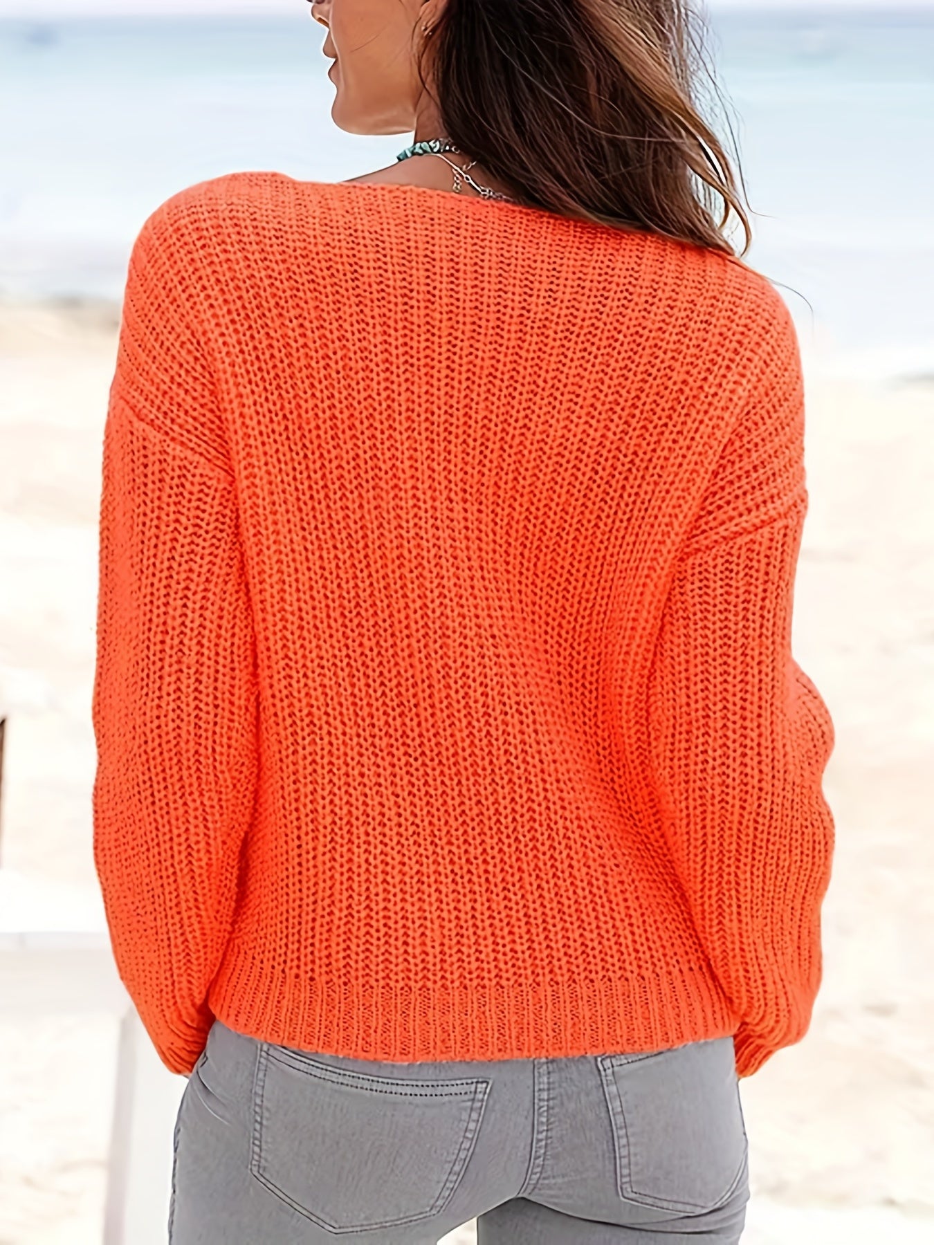 V Neck Knit Sweater Long Sleeve Solid Sweater