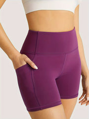 Solid Yoga Shorts With Pocket High Stretch Running Fitness Sports Shorts