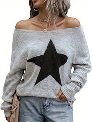 Star Pattern Crew Neck Pullover Sweater for Women