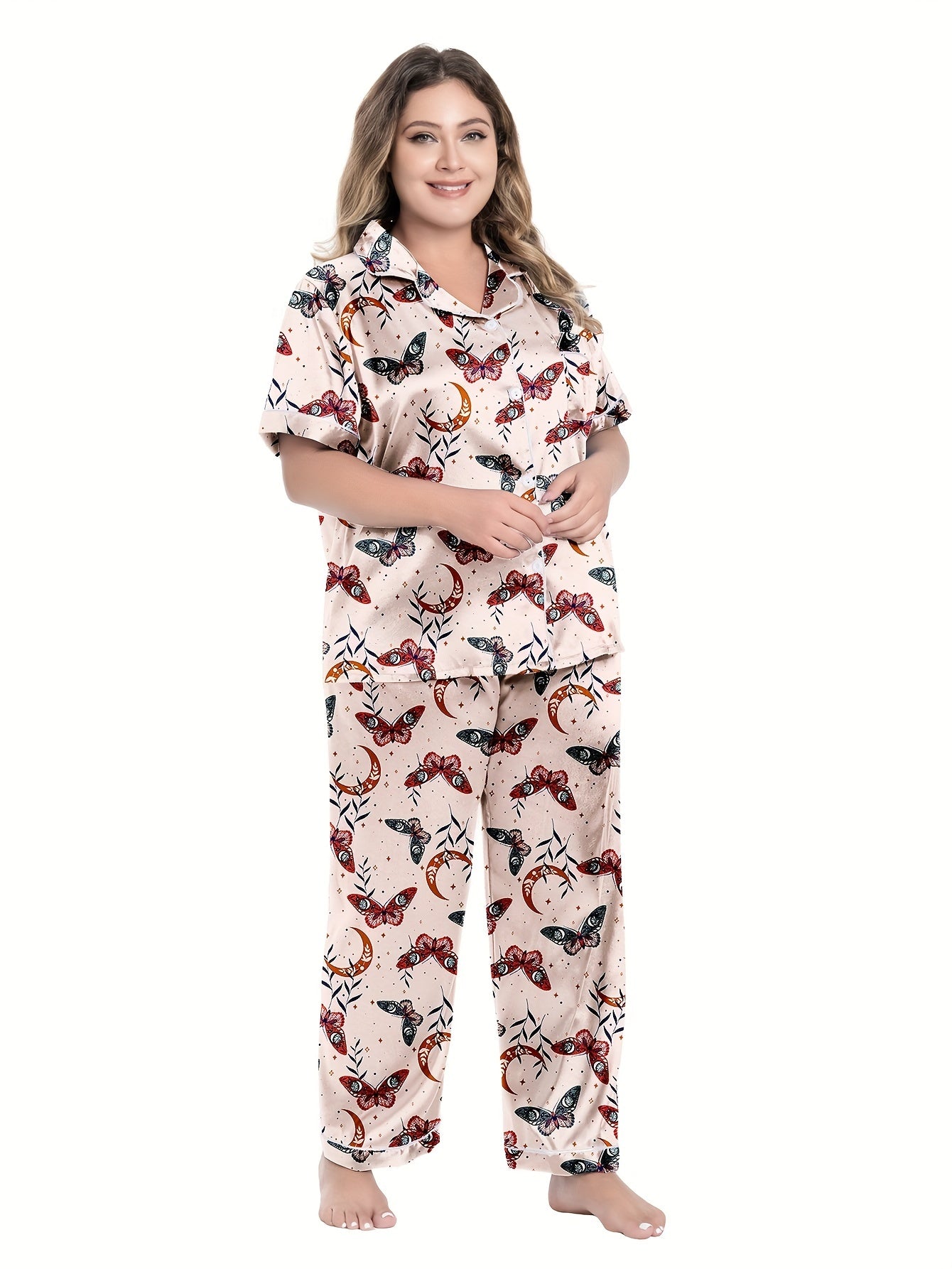 Retro Pajamas Set Women's Plus Butterfly & Moon Print Satin Shirt