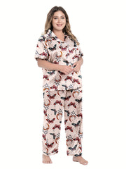 Retro Pajamas Set Women's Plus Butterfly & Moon Print Satin Shirt