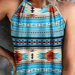Geometric Print Halter Neck Top Sleeveless Summer Casual