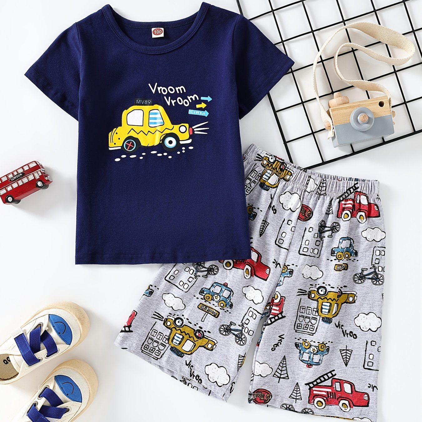 Boys Cartoon Car Print T Shirt & Shorts Set Kids Summer Clothes