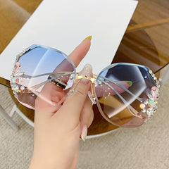 Ombre Lens Sunglasses Rhinestone Decor Oversized Rimless Eyewear UV400