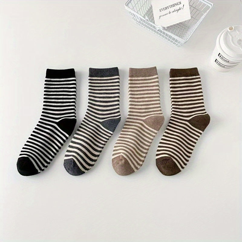 4 Pairs Striped Crew Socks Women's Stockings