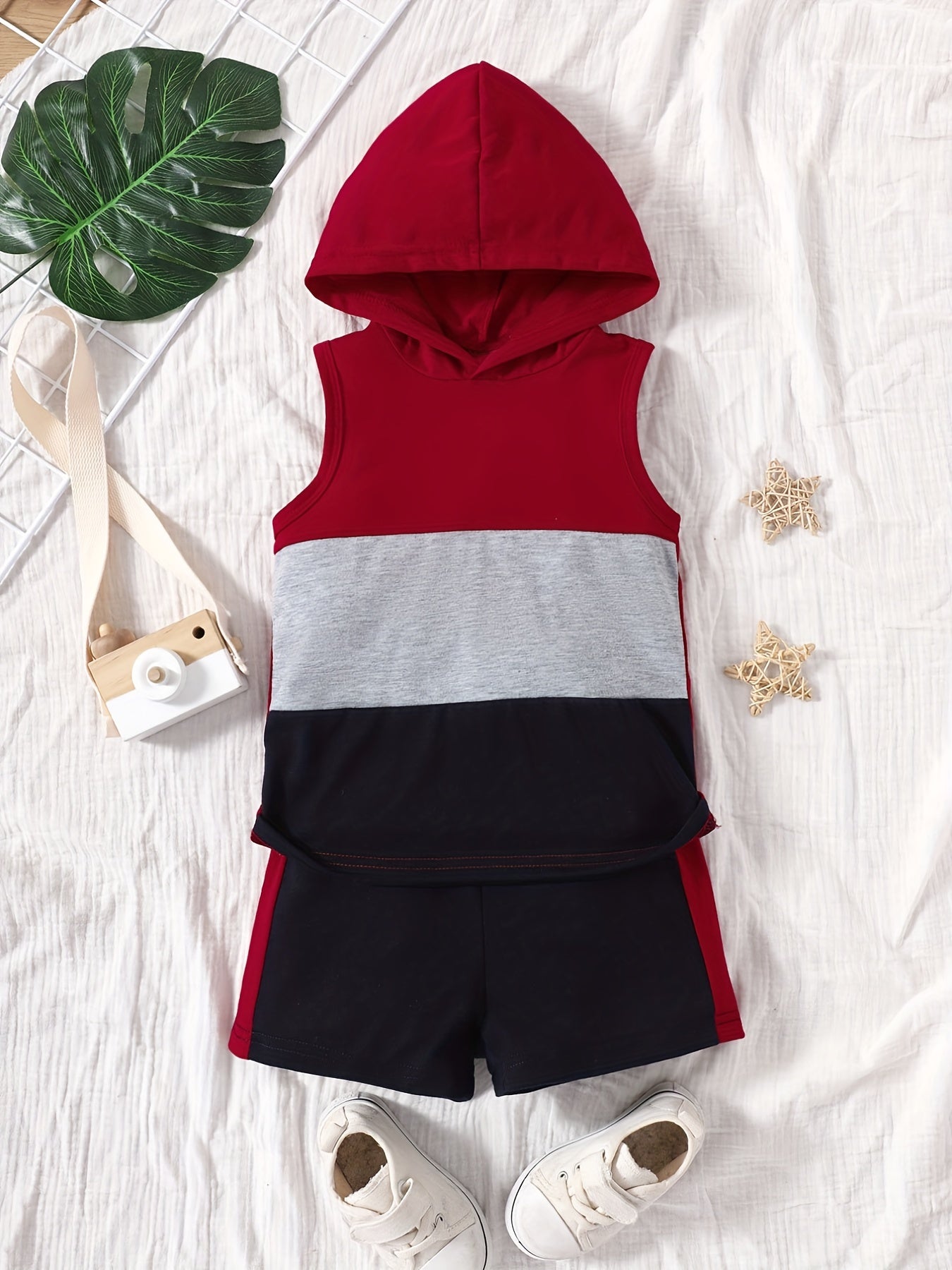 Boy's Hooded Tank Top & Shorts Set, Short Sleeve Casual Outfits