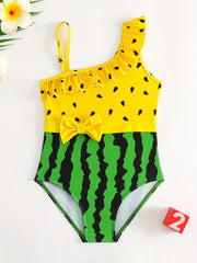 Toddler Girls Watermelon Asymmetrical Neck One Piece Swimsuit
