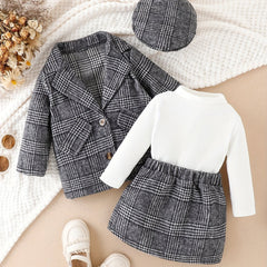 Baby Girl Plaid Blazer & Skirt & Pullover Top Set