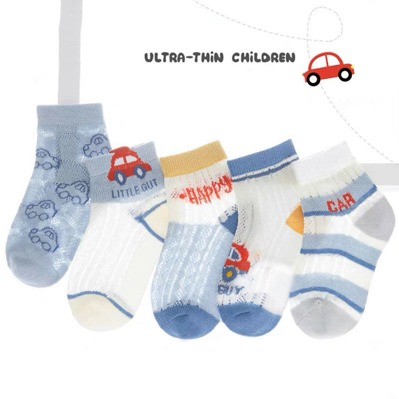 5 Pairs Cartoon Car Patterned Mesh Socks for Summer & Spring