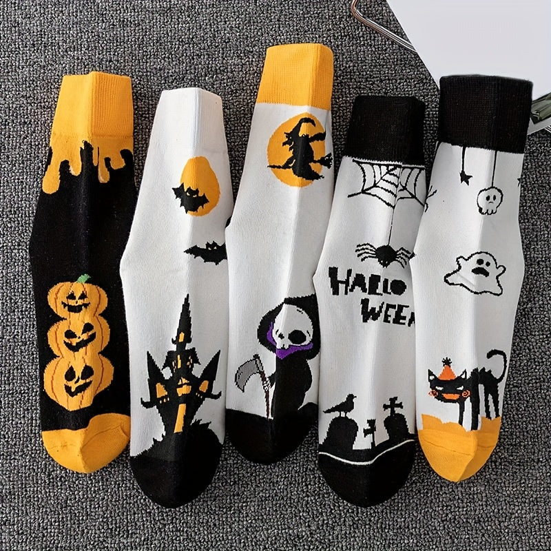 5 Pairs Skull & Bat Print Halloween Crew Socks Women's Stockings & Hosiery