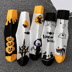 5 Pairs Skull & Bat Print Halloween Crew Socks Women's Stockings & Hosiery