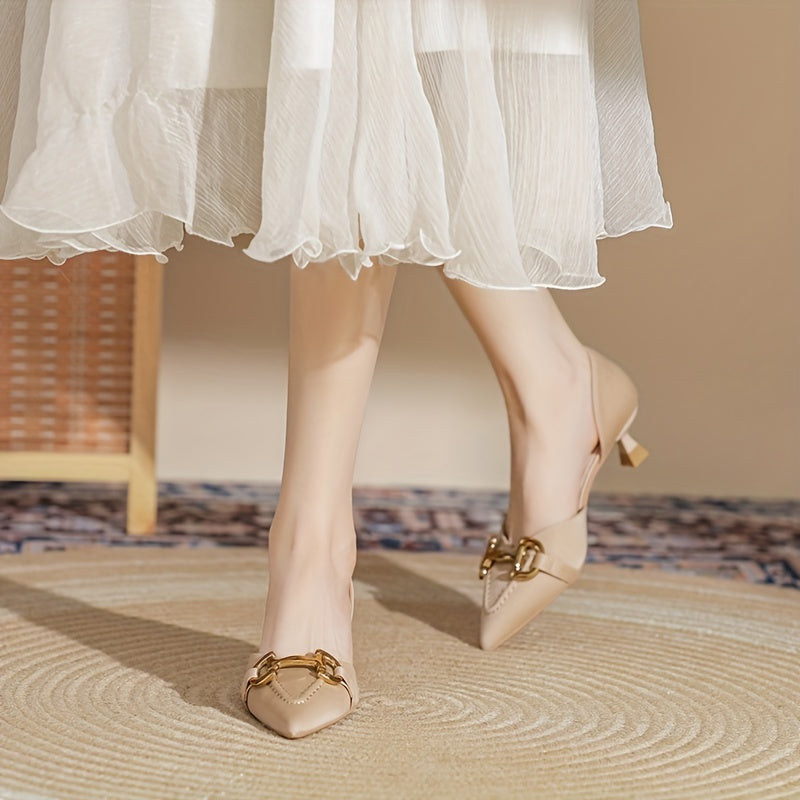 Metal Decor Kitten Heels Point Toe Pumps