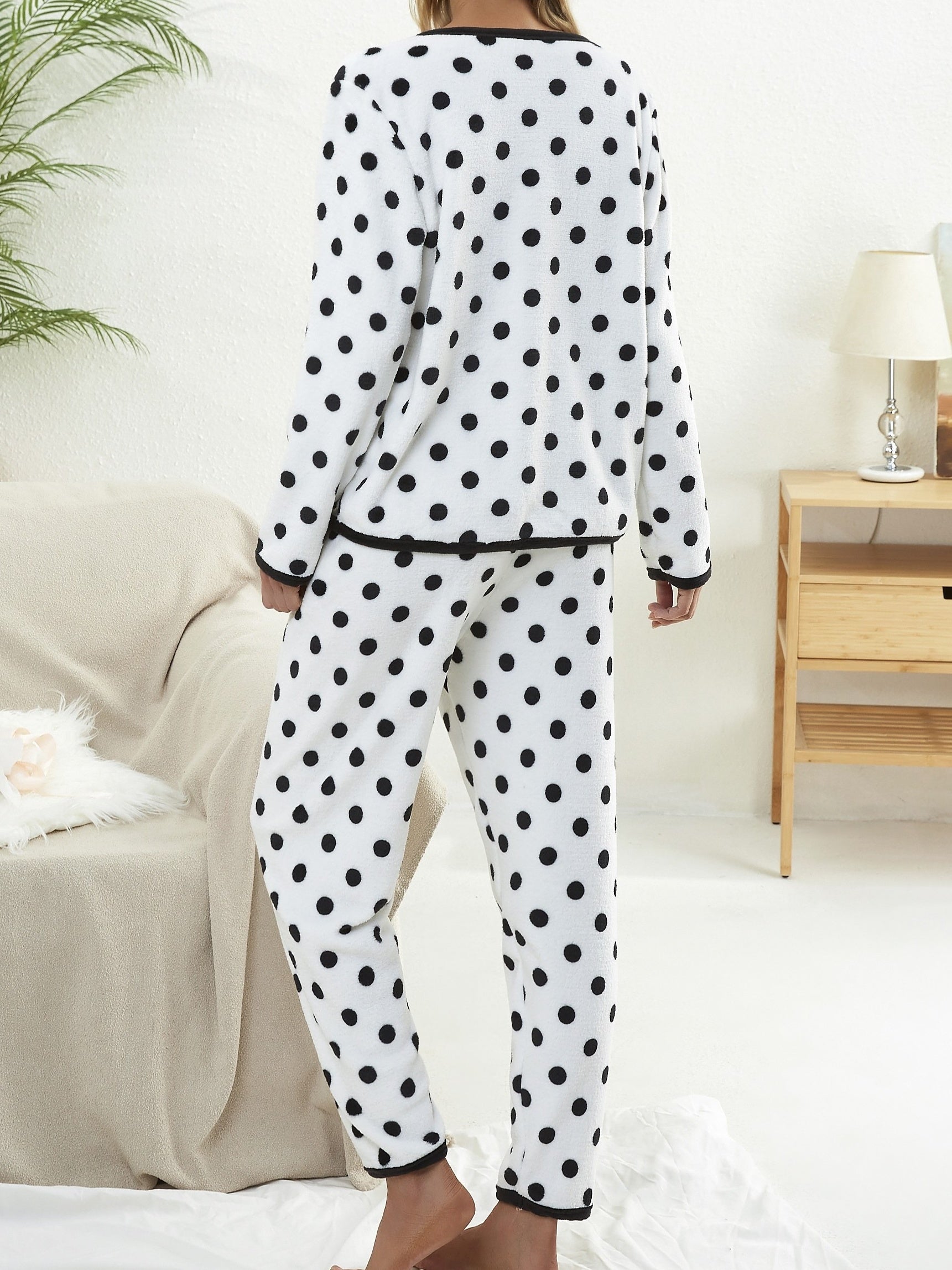 Polka Dot Pajama Set Long Sleeve Top & Elastic Waistband Pants Women's Sleepwear