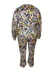 Casual Plus Size Allover Print Lantern Sleeve Wide Leg Jumpsuit