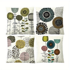 4pcs Abstract Flower Linen Cushion Cover 45x45, Geometric Sofa Pillow Case