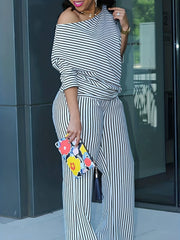 Plus Size Stripe One Shoulder Top & Pants Set