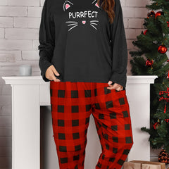 Cat & Letter Graphic Long Sleeve Top & Plaid Pants Pajamas Set