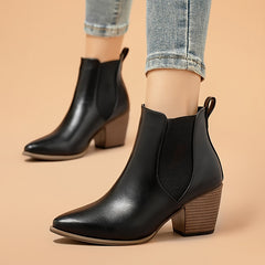 Women's Pointed Toe Ankle Boots Block Heel Faux Leather Shoes