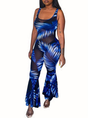 Tropical Print Flared Leg Jumpsuit