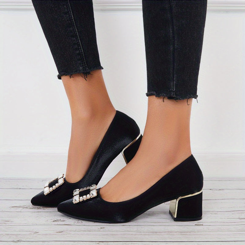 Chunky Heel Satin Pumps Rhinestone Pointed Toe Mid Heels