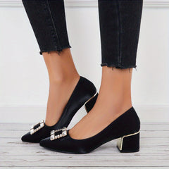 Chunky Heel Satin Pumps Rhinestone Pointed Toe Mid Heels
