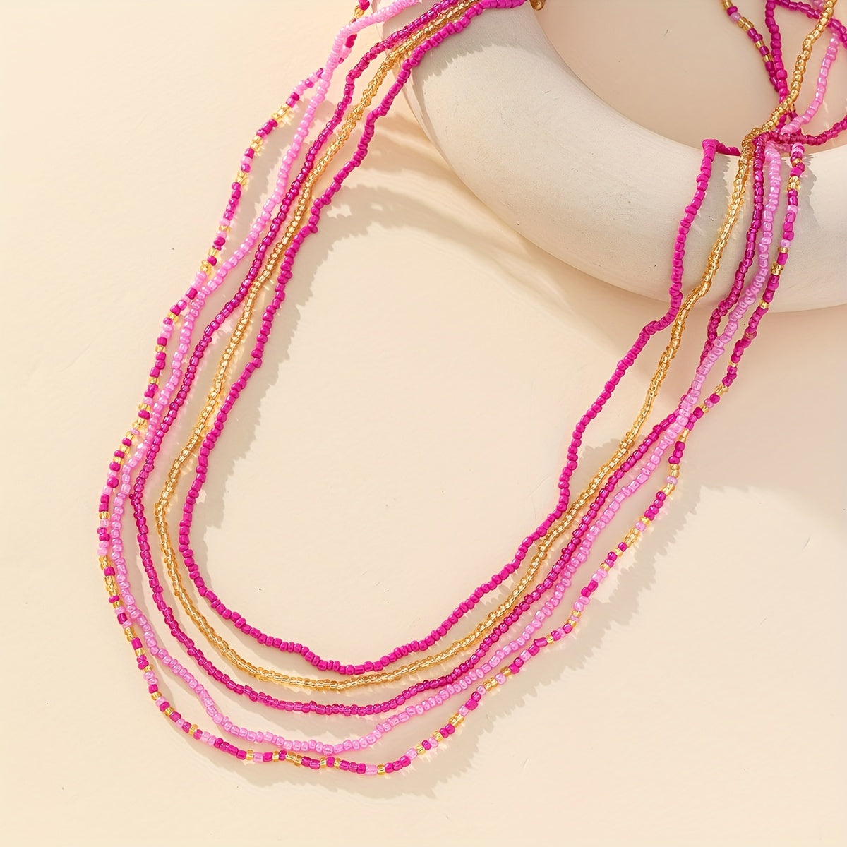 5pcs Pink Red Glass Beads Stretch Bracelet Set Hand Jewelry Accessory Gift