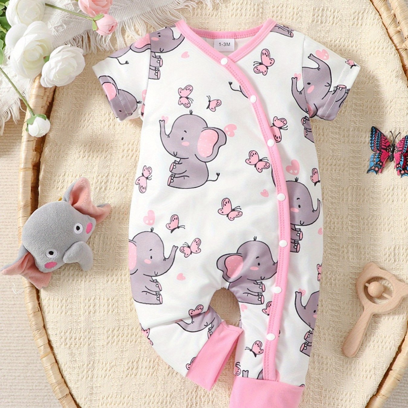 Elephant Print Short Sleeve Romper Jumpsuit for Baby Girls and Boys