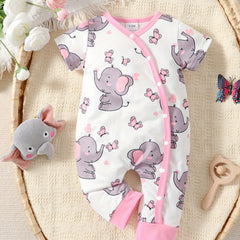 Elephant Print Short Sleeve Romper Jumpsuit for Baby Girls and Boys
