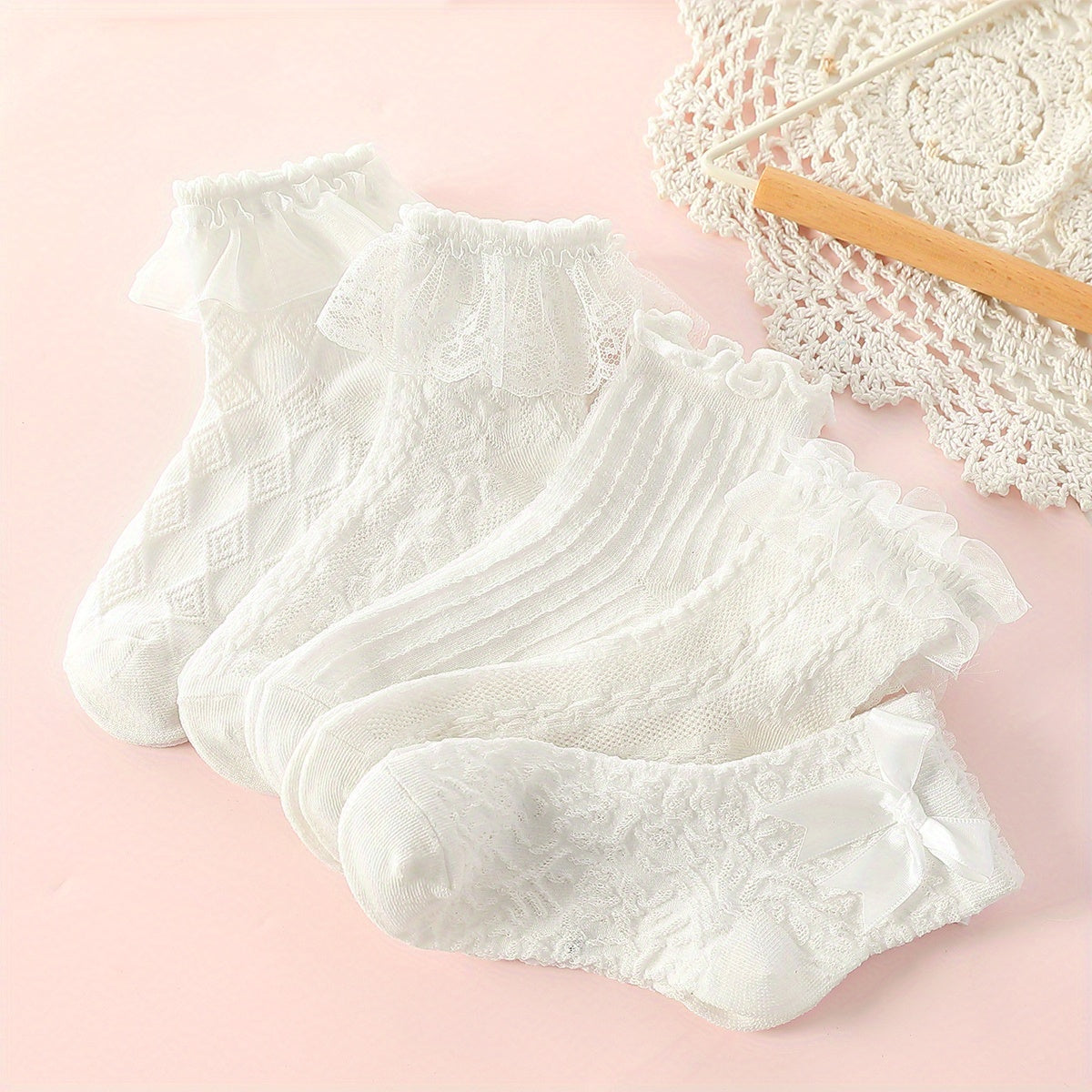 5 Pairs Princess Style Lace Mid Tube Socks For Girls