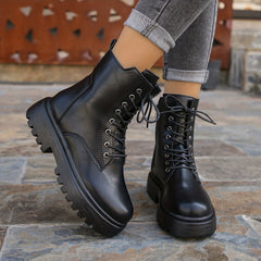 Women's Lace-Up Side Zipper Combat Boots Faux Leather Comfortable Boots