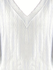 Casual Knit Top Solid Jacquard Lantern Sleeve V Neck Jumper