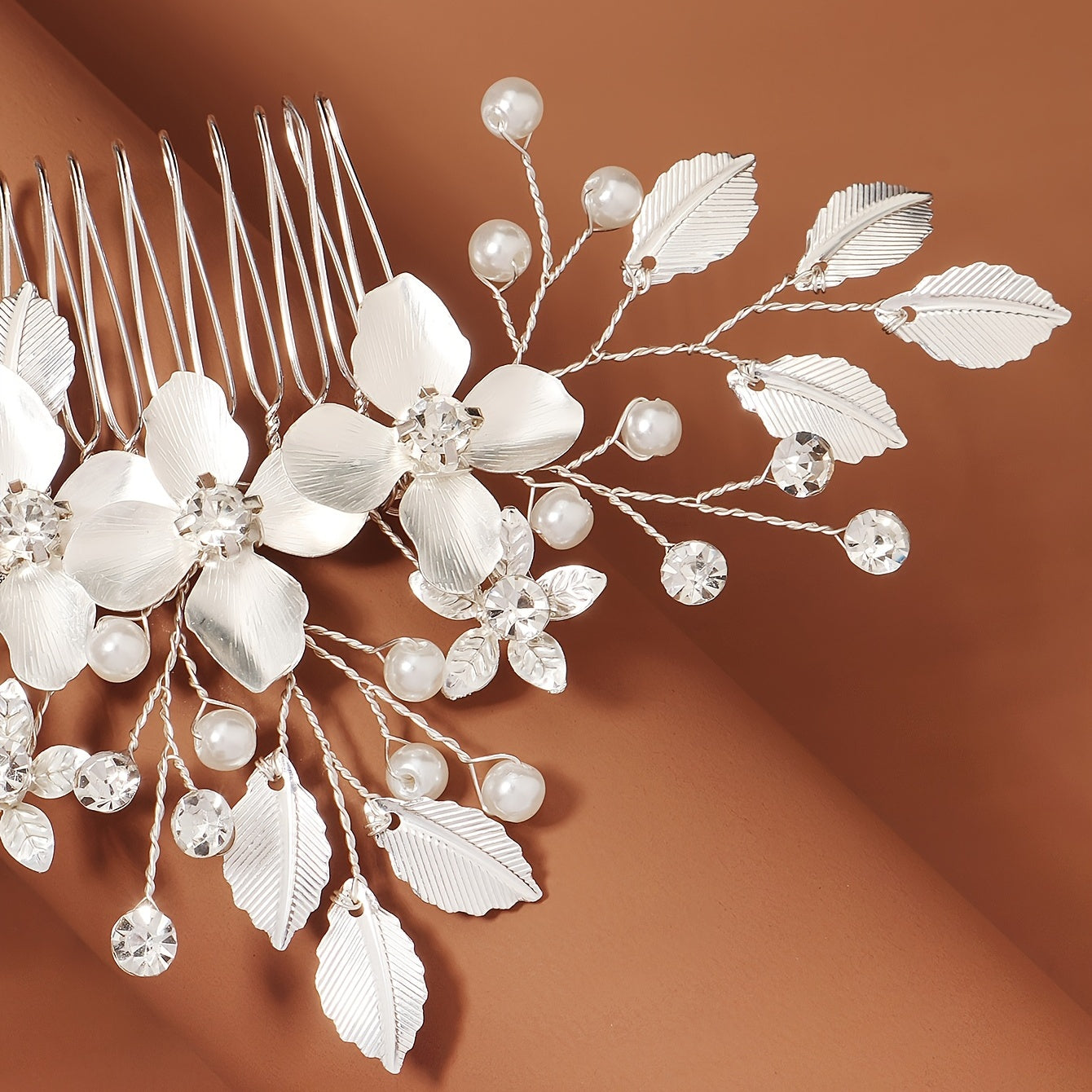 Bride Wedding Flower Hair Comb Silvery Faux Pearl Headpiece