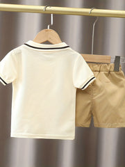 Boys Casual Suit Bear & Letter Embroidered Shirt Shorts