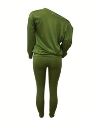 Cold Shoulder Long Sleeve Top & Slim Pants Set Women's Outfit