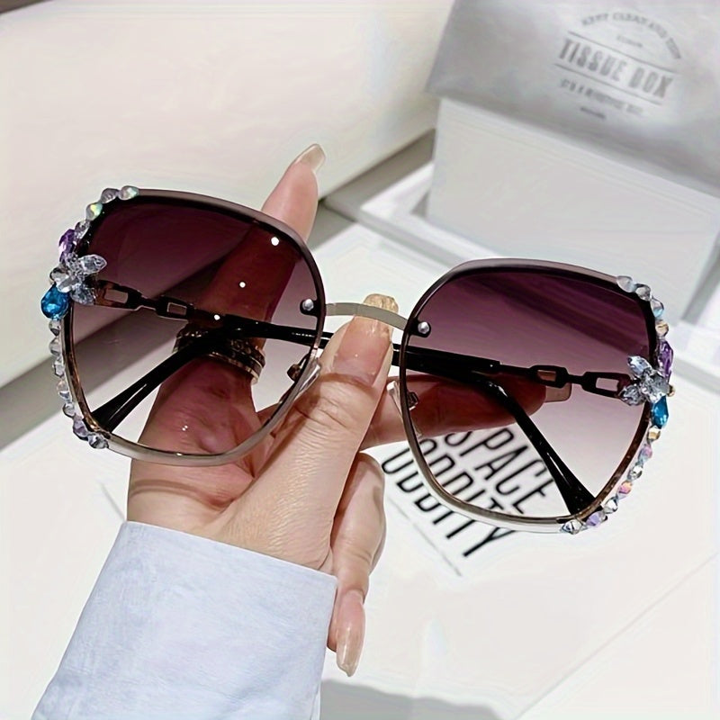 Rhinestone Rimless Sunglasses UV400 Gradient Glasses